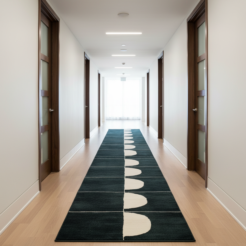 Long hallway with a patterned rug on a wooden floor