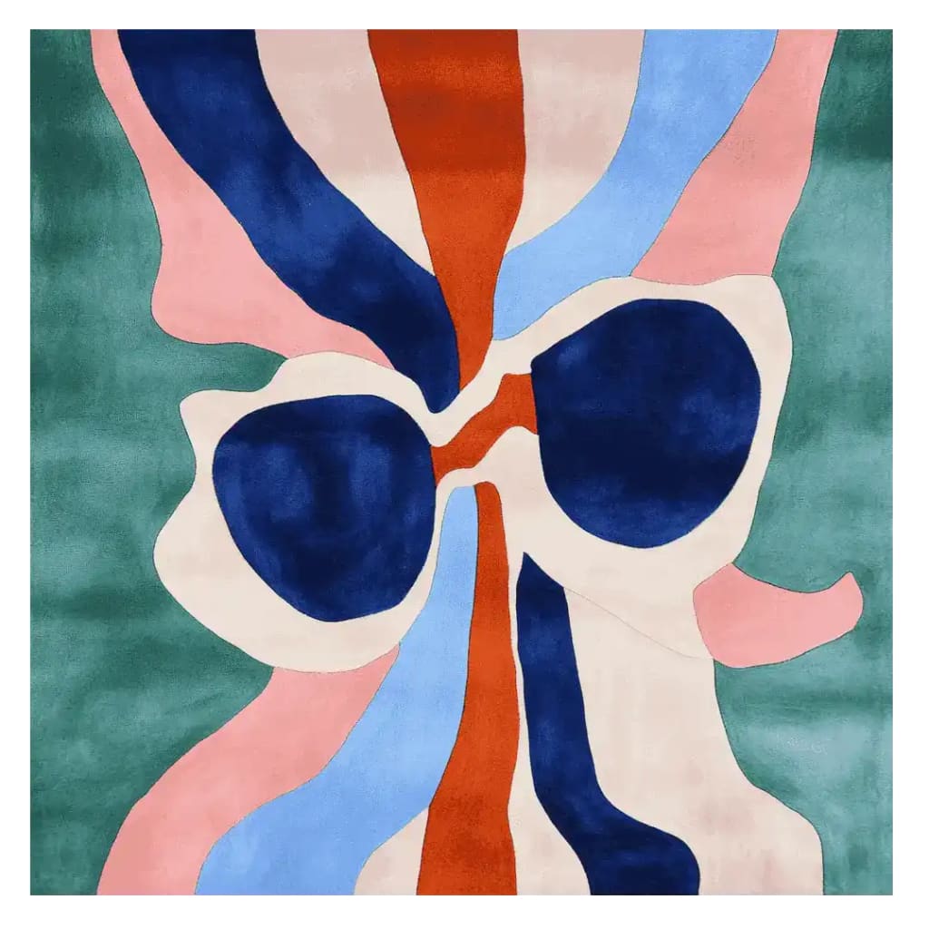 This contemporary area rug features an abstract design with bold colors including blue, pink, and orange on a green background. Ideal for large living rooms, this square wool rug adds a modern touch to any space, making it perfect as a centerpiece in area rugs for living rooms.