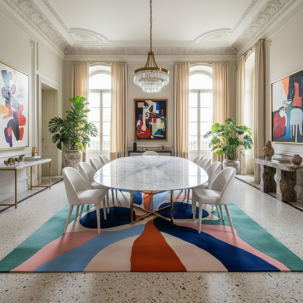 Dining room with a round marble table, colorful rug, and abstract art on the walls.
