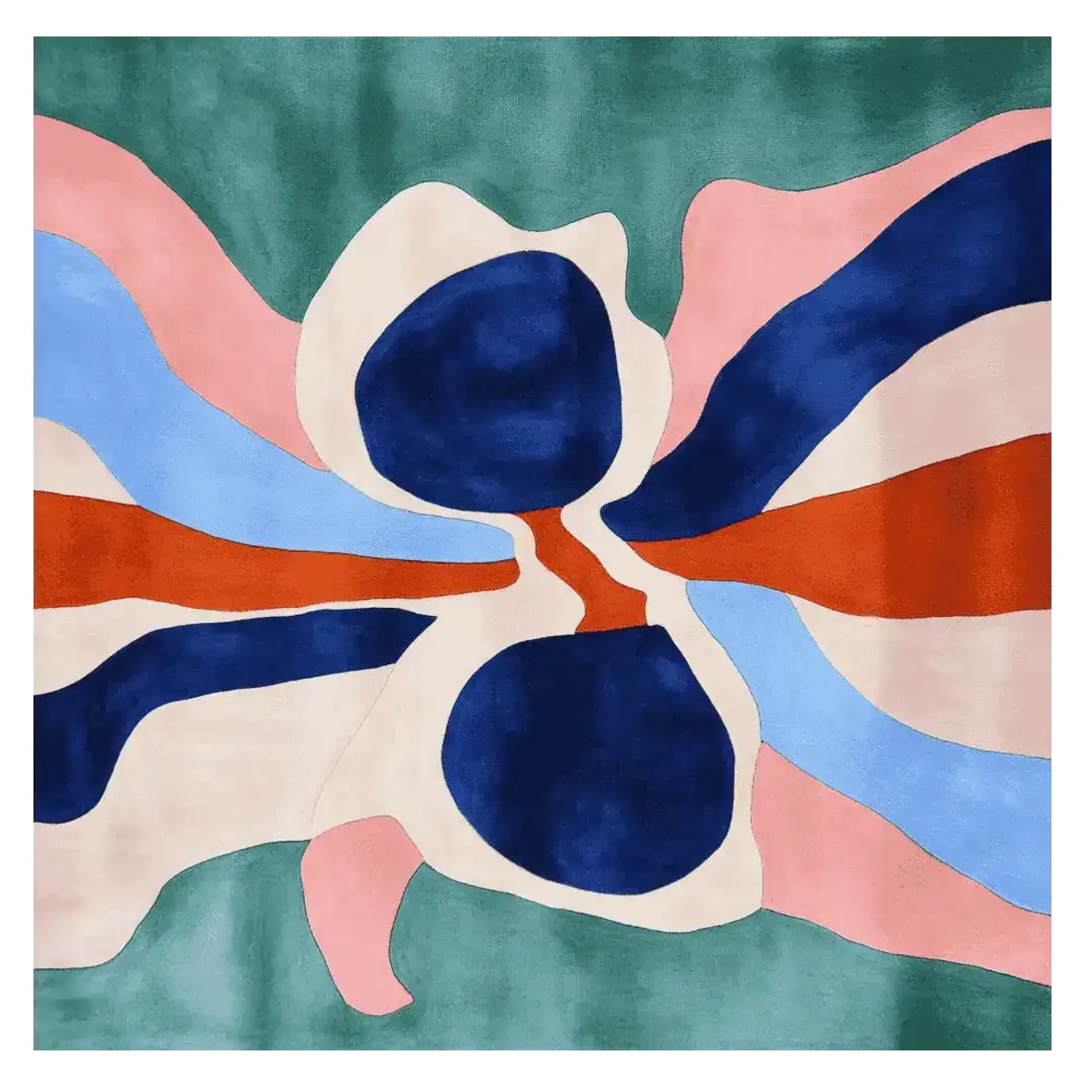 Top view of the Watchful Floor Art Hand Tufted Rug, a vibrant area rug perfect for large living rooms. This contemporary wool rug features an abstract design with bold colors including blue, pink, and orange, making it an ideal square area rug for living room spaces.