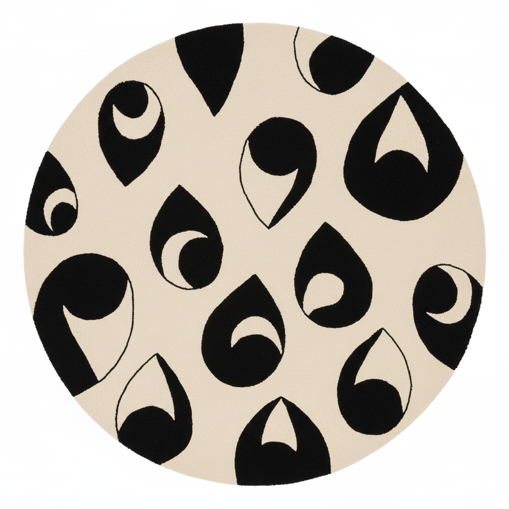 Round beige coaster with black teardrop pattern