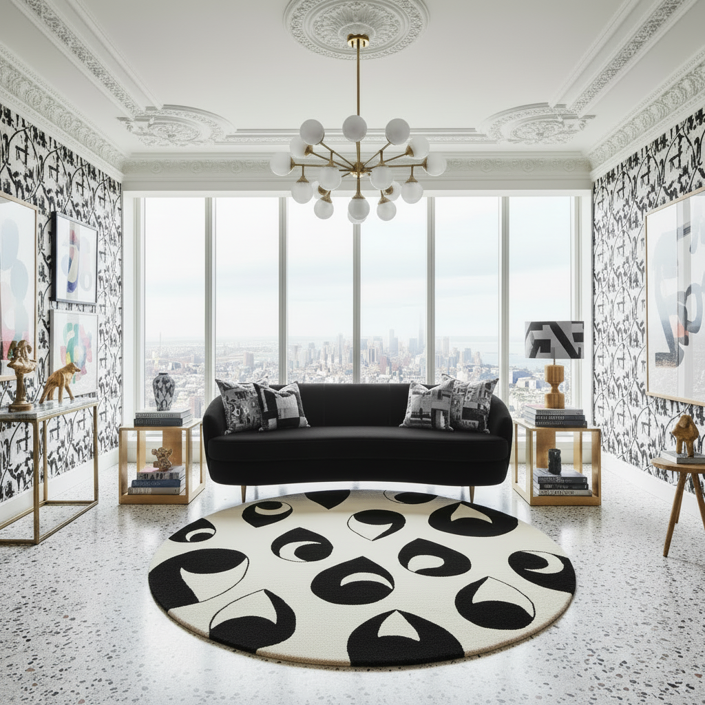 Modern living room with a black sofa, patterned rug, and decorative wall art.