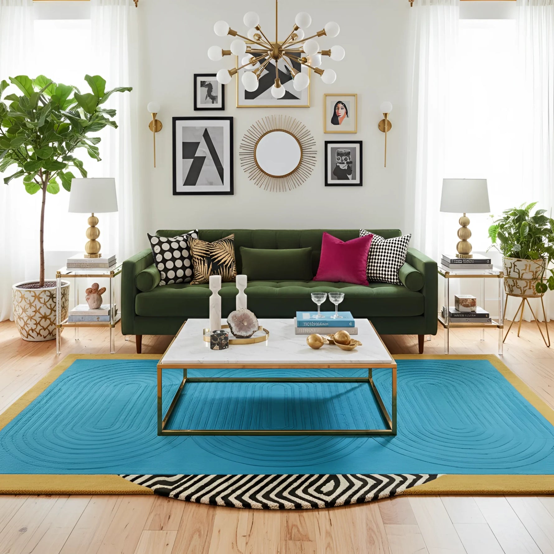 Modern living room with green sofa, coffee table, an abstract wool rug, and decorative elements.