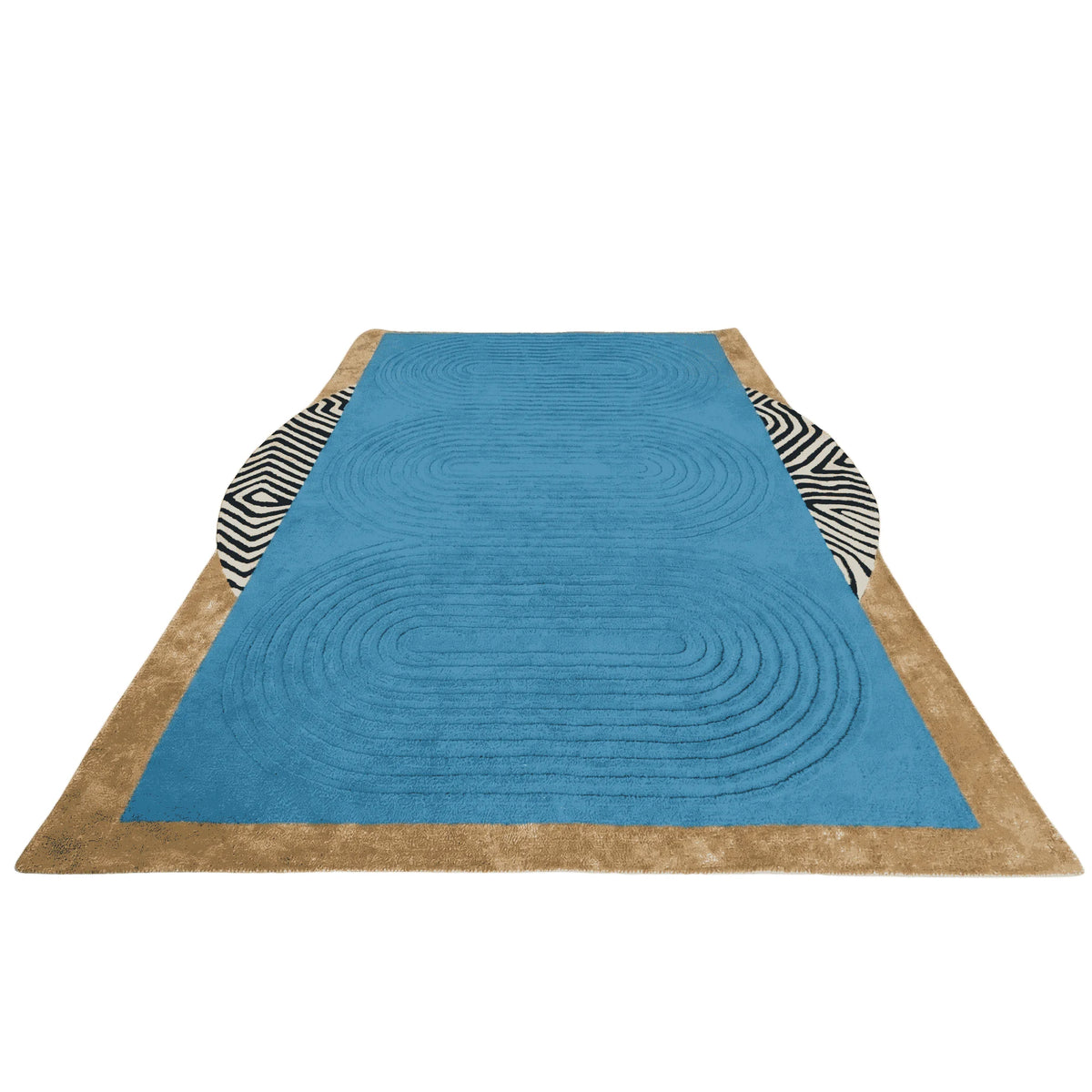 Blue oval rug with brown border and zebra pattern on a transparent background