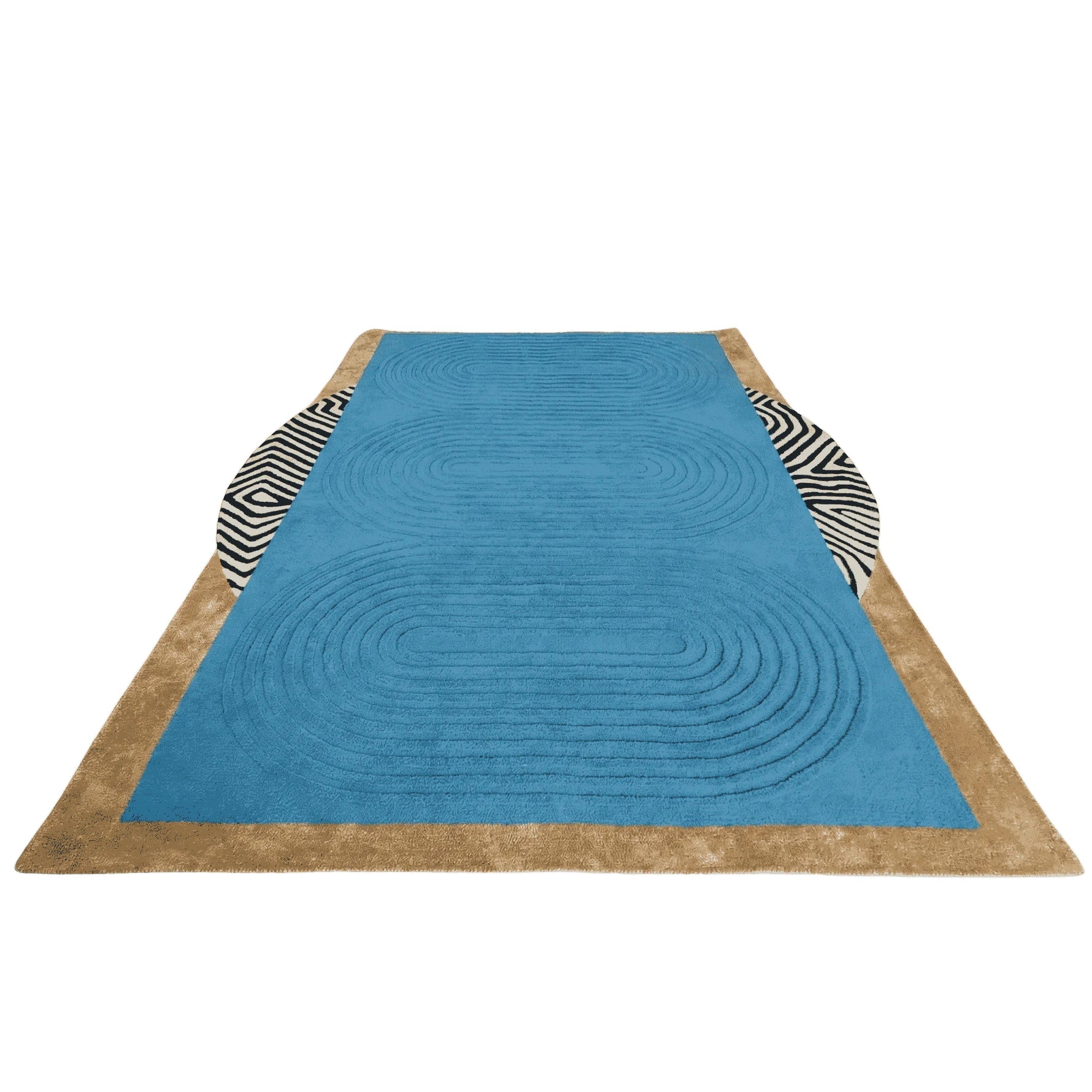 Blue oval rug with brown border and zebra pattern on a transparent background