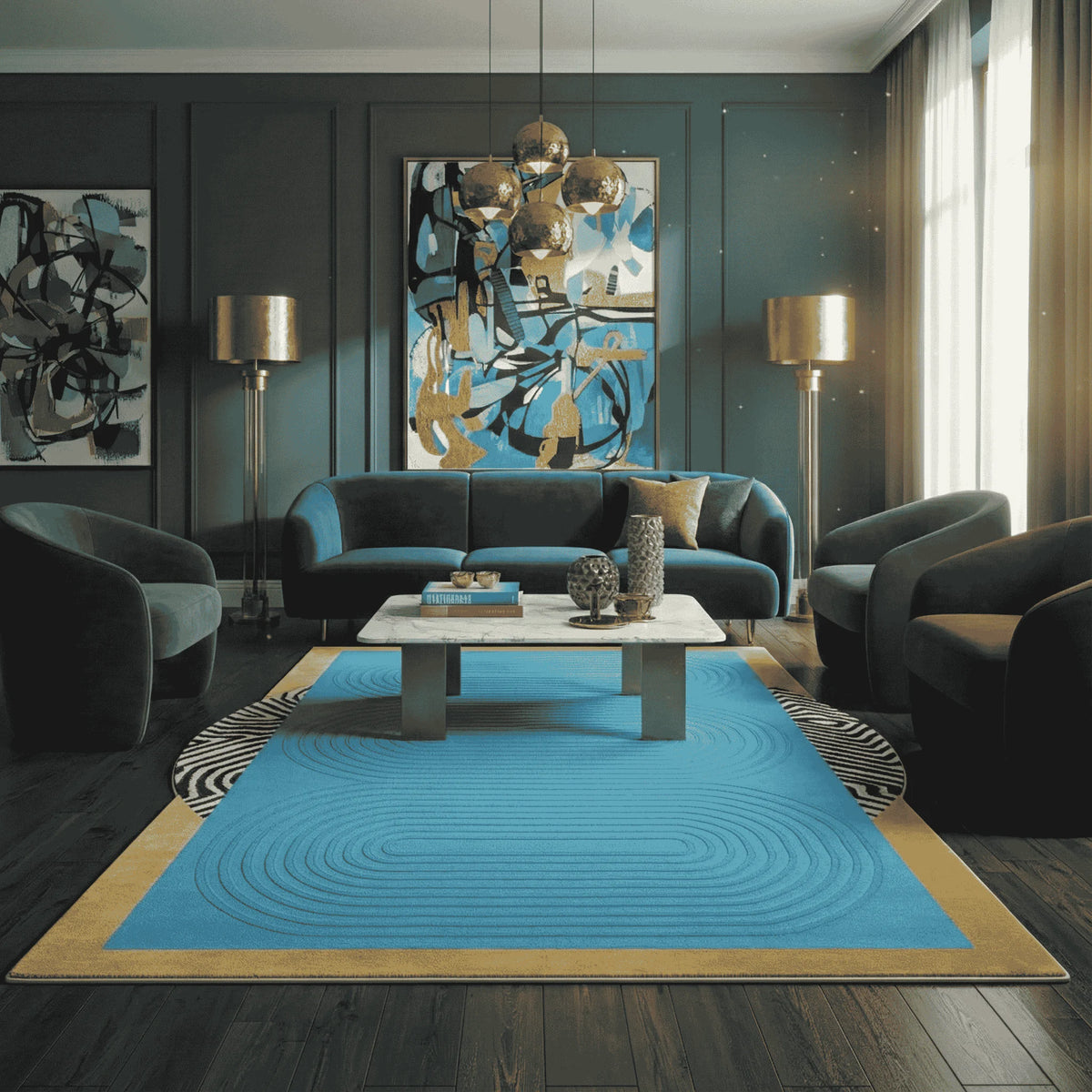 Modern living room with a blue rug, gray sofa, and abstract artwork on dark walls.