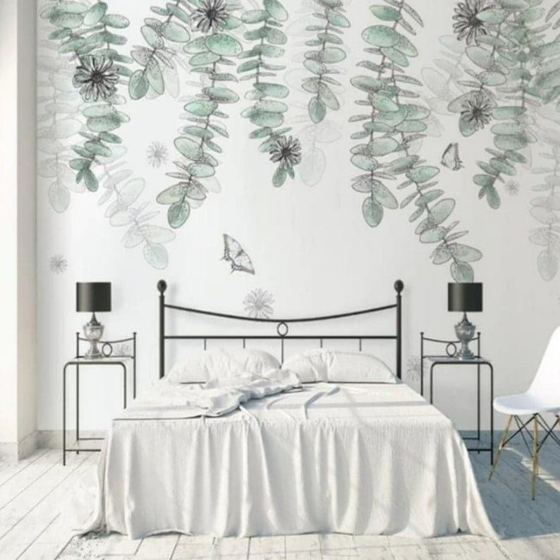 Watercolor Green Leaves and Butterflies Wallpaper - MAIA HOMES