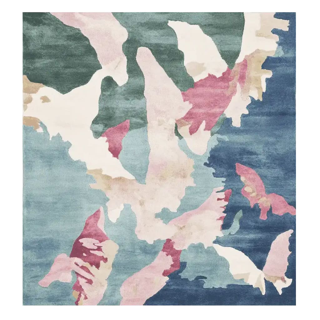 This vibrant Area Rug features a watercolor terrain design with abstract patterns in shades of blue, pink, and beige, perfect for contemporary spaces. Made of high-quality wool, this square rug is ideal for enhancing living room aesthetics as a stylish living room area rug.
