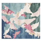A vibrant watercolor terrain sketch hand-tufted area rug, featuring an abstract design with splashes of pink, blue, and green. This contemporary wool rug is perfect for adding a modern touch to living room spaces. The square area rug's unique pattern makes it an ideal choice for those seeking stylish rugs for living room decor.