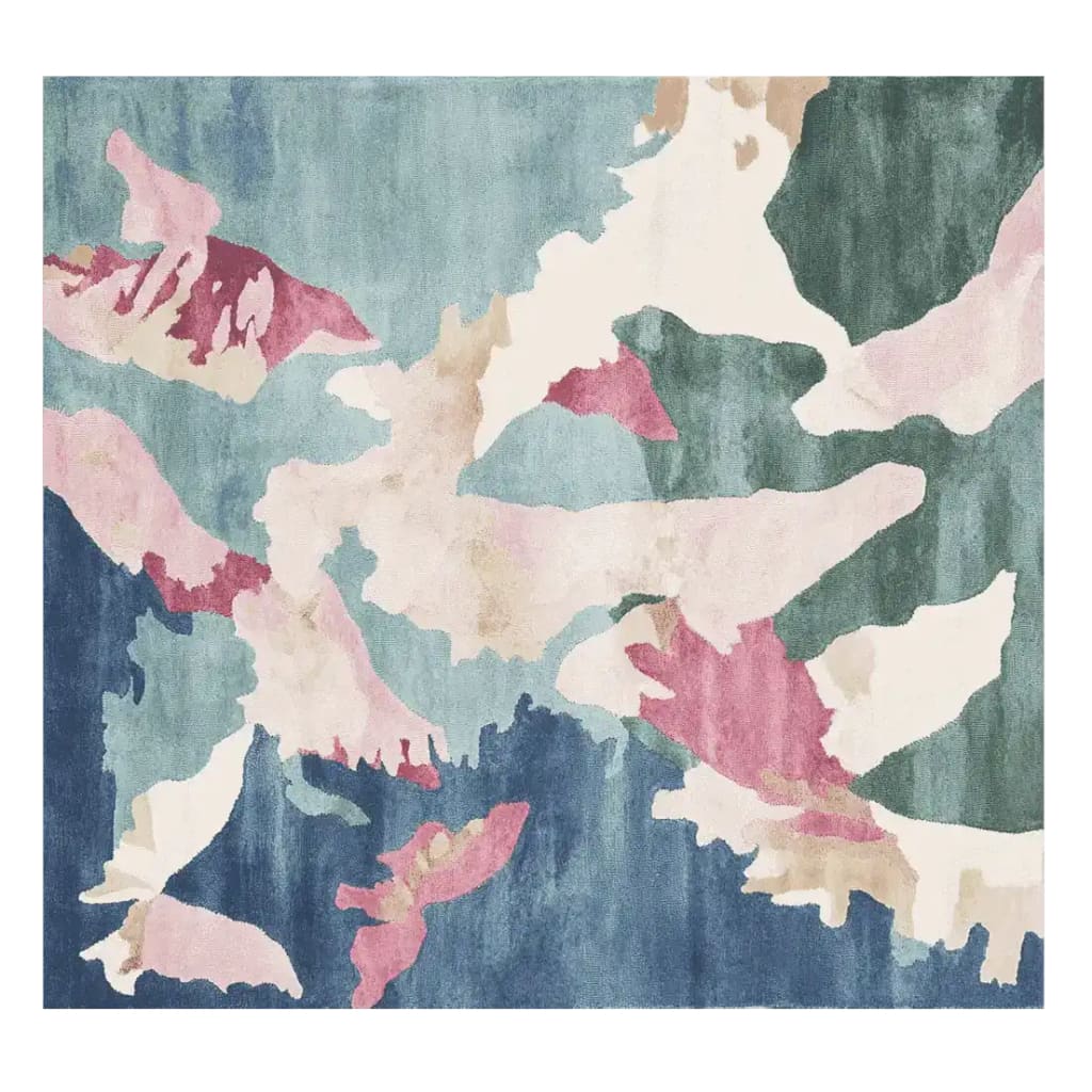 A vibrant watercolor terrain sketch hand-tufted area rug, featuring an abstract design with splashes of pink, blue, and green. This contemporary wool rug is perfect for adding a modern touch to living room spaces. The square area rug's unique pattern makes it an ideal choice for those seeking stylish rugs for living room decor.