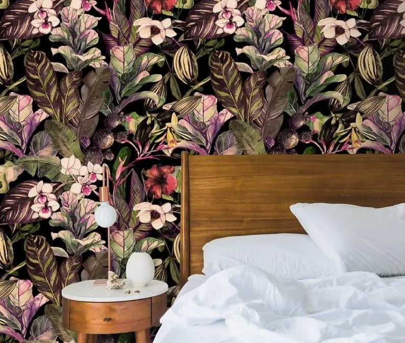 Watercolor Tropical Floral Dark Wallpaper