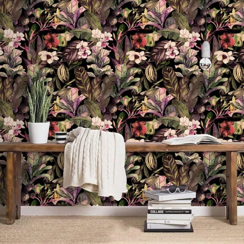 Watercolor Tropical Floral Dark Wallpaper