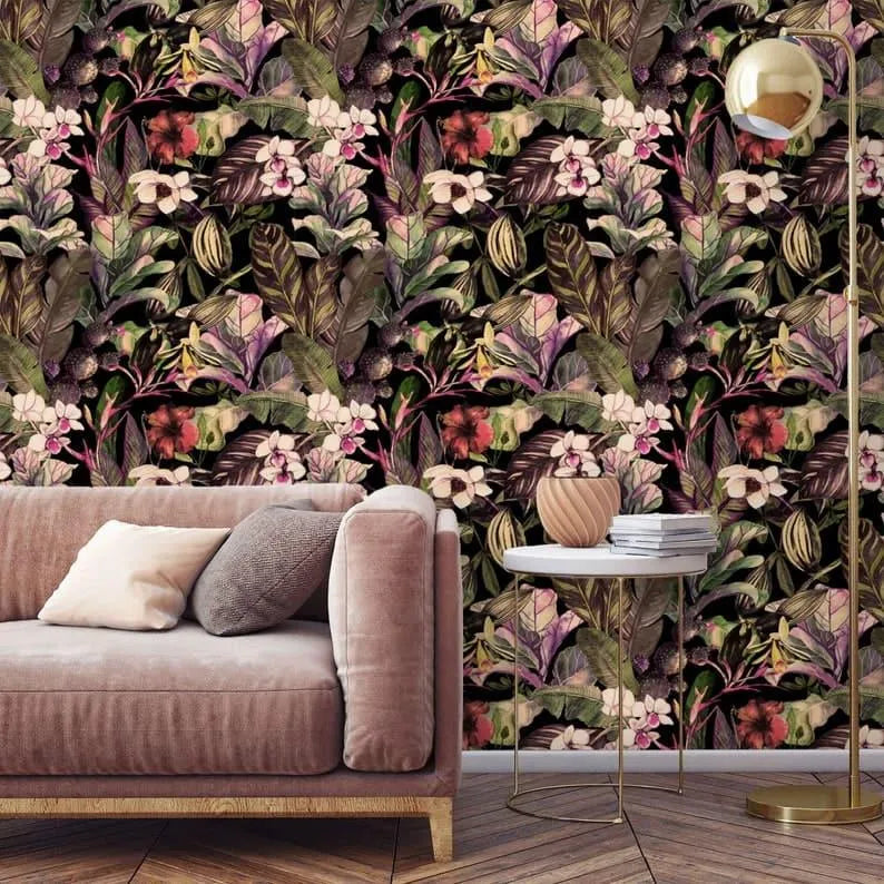 Watercolor Tropical Floral Dark Wallpaper