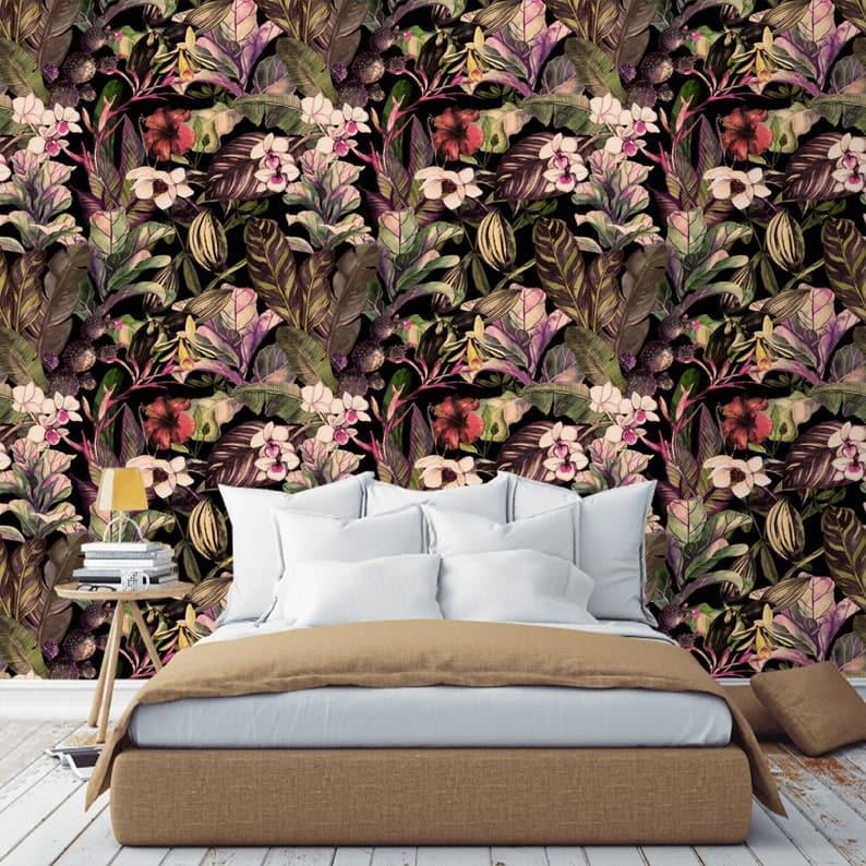 Watercolor Tropical Floral Dark Wallpaper - MAIA HOMES