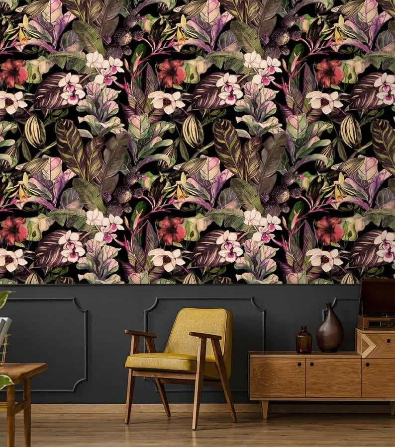 Watercolor Tropical Floral Dark Wallpaper