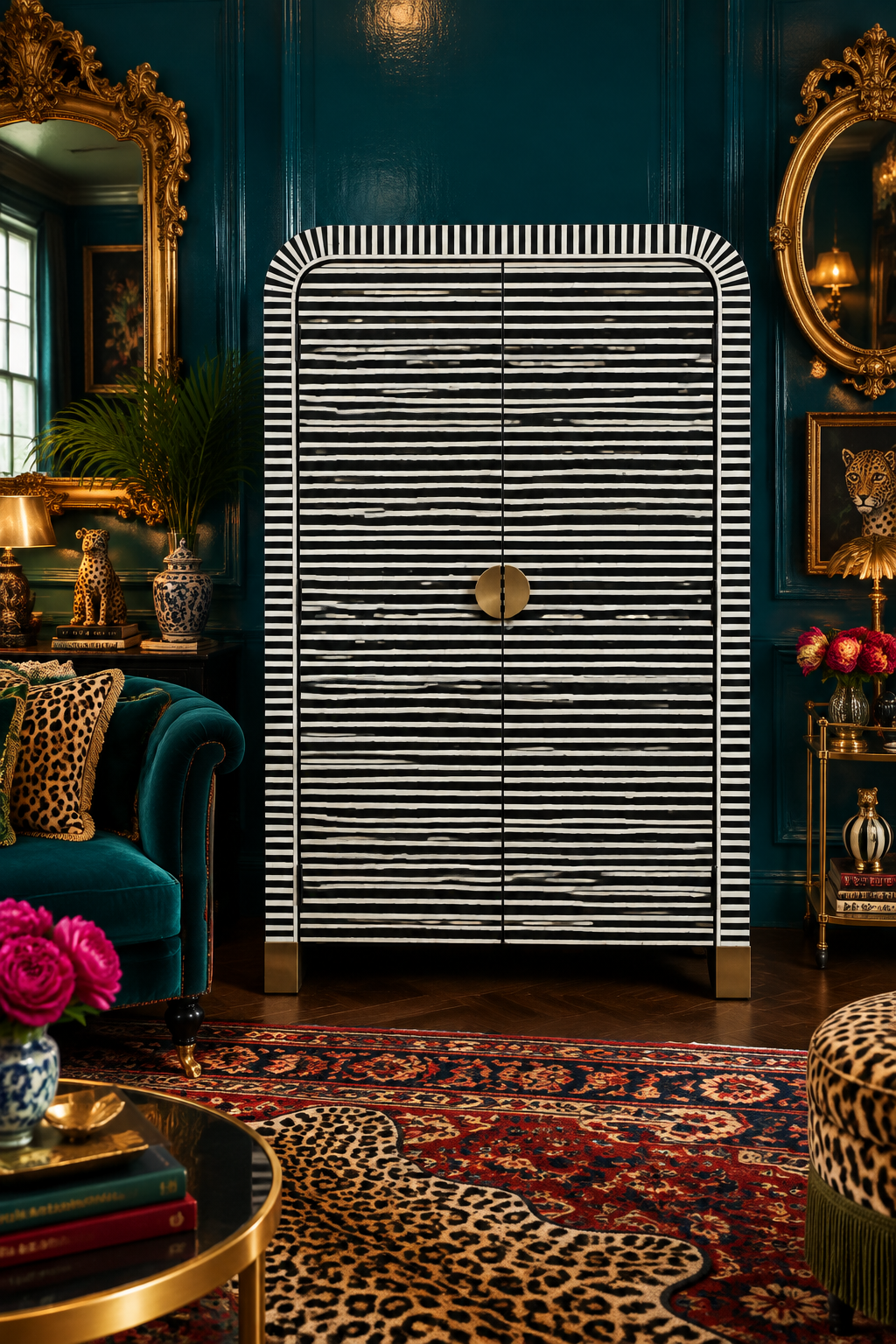 Waterfall Bone Inlay Wardrobe Almirah – Black