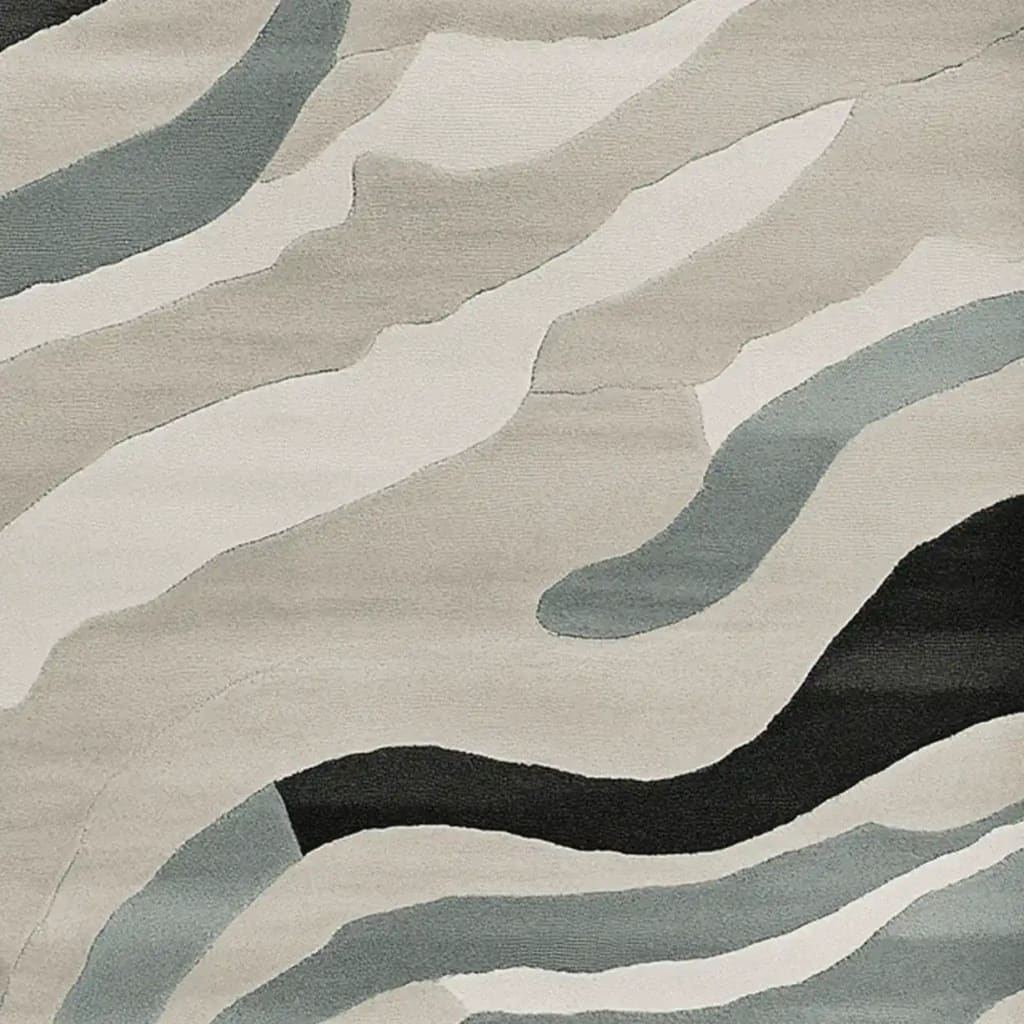 A contemporary Wave Harmony Hand Tufted Area Rug featuring an abstract design with flowing stripes in shades of gray, blue, and black. Ideal for adding style to living rooms, this 8x10 wool rug offers a modern touch to any space.