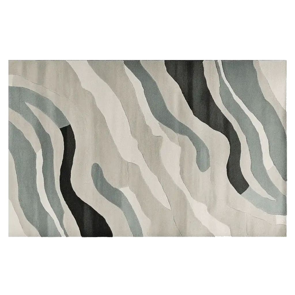 Top view of the Wave Harmony Hand Tufted Area Rug featuring an abstract wave pattern in calming shades of gray, black, and blue. Ideal for adding a contemporary touch to living rooms, this wool rug measures 8x10, making it a perfect fit for spacious areas. Enhance your decor with this stylish and modern area rug.