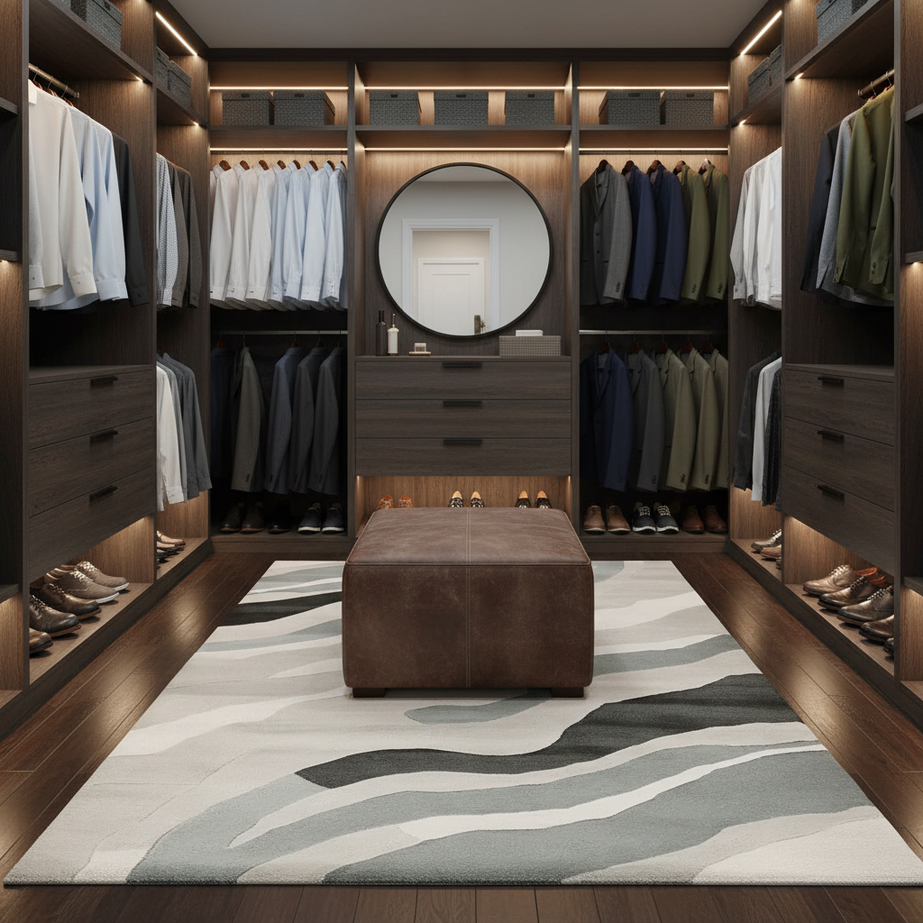 Modern walk-in closet with wooden shelves, gray rug, mirror, and clothing arrangements.