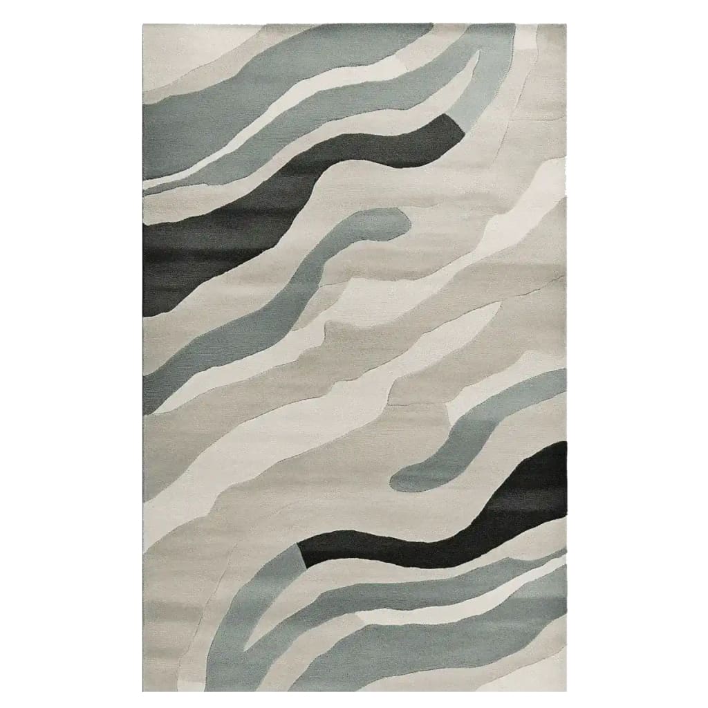 A contemporary area rug featuring an abstract wave pattern in shades of grey, black, and blue. This wool rug, perfect for an 8x10 living room, adds a modern touch to any space.