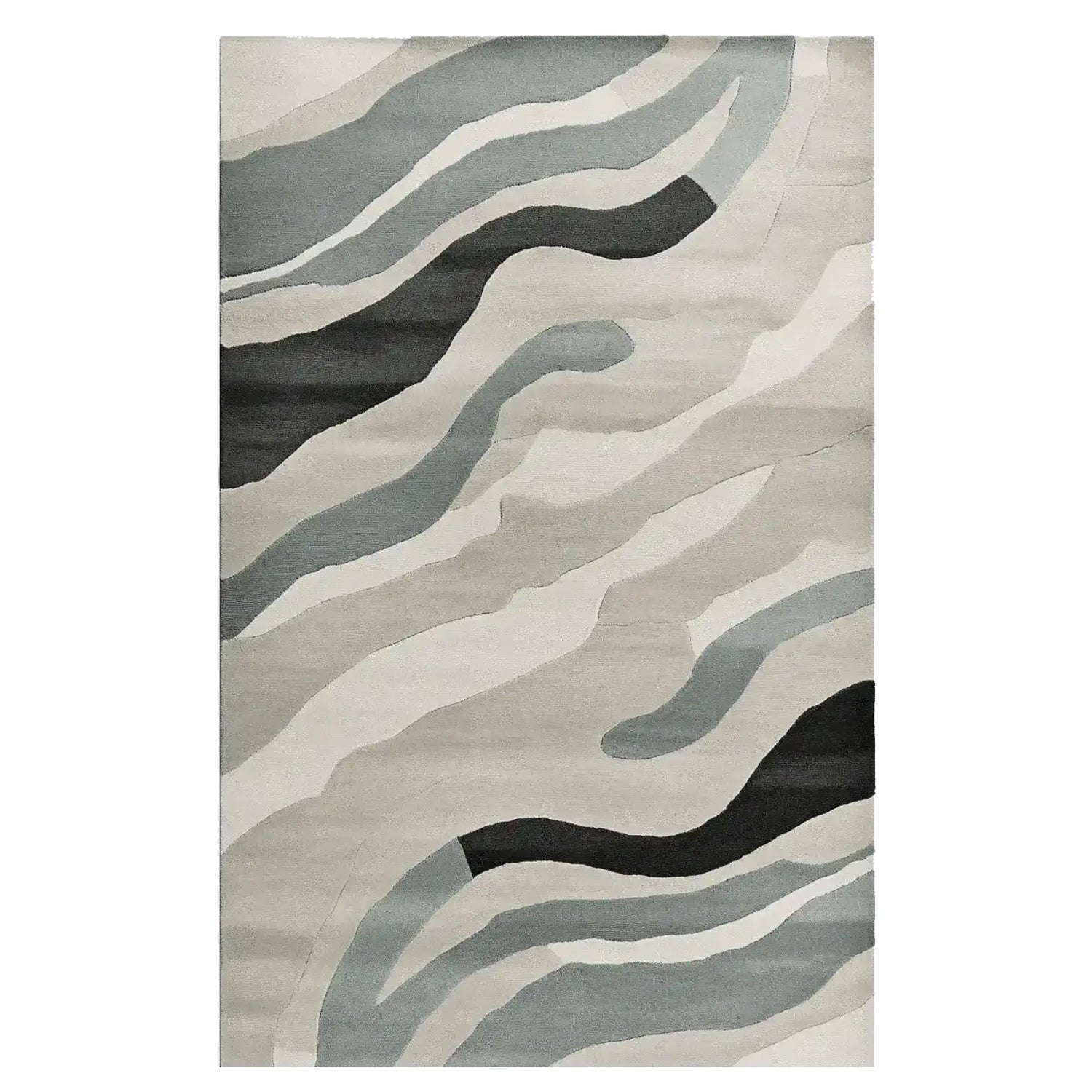 A contemporary area rug featuring an abstract wave pattern in shades of grey, black, and blue. This wool rug, perfect for an 8x10 living room, adds a modern touch to any space.