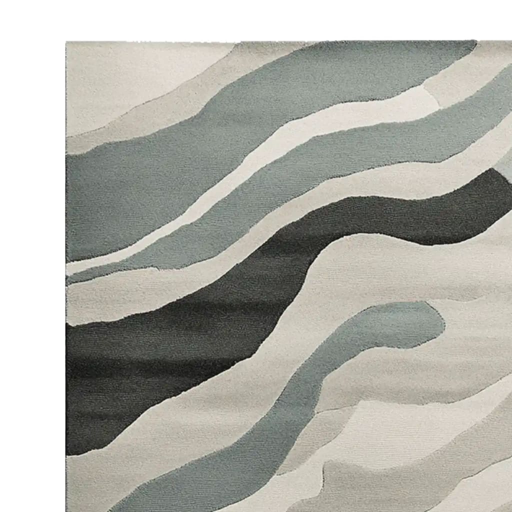Top view of the Wave Harmony Hand Tufted Area Rug showcasing its contemporary design with abstract waves in shades of grey, perfect for modern living room rugs 8x10. Made from soft wool, this area rug adds an elegant touch to any living space.