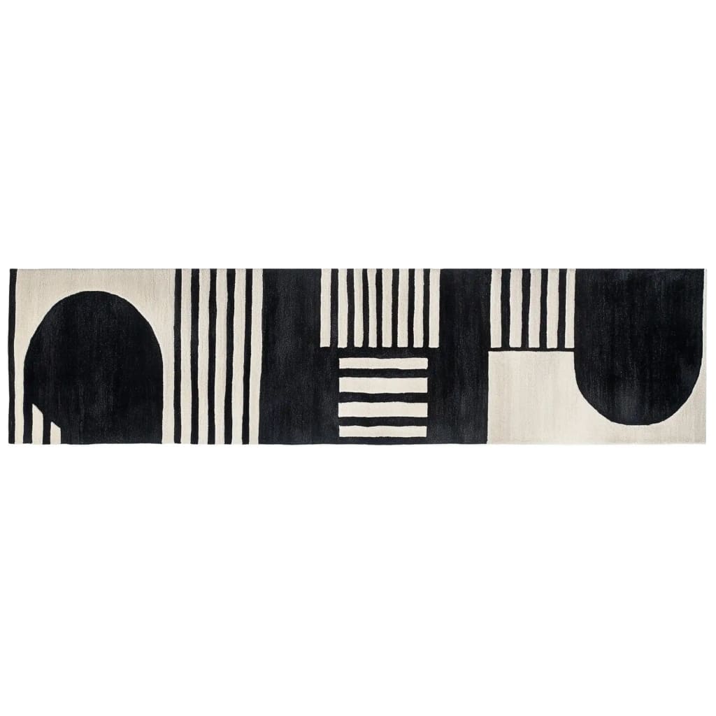 Contemporary Wave Sketch Hand Tufted Wool Runner Rug featuring a striking black and white abstract pattern. Perfect for enhancing kitchen, hallway, or bathroom spaces with its modern design and high-quality wool material.