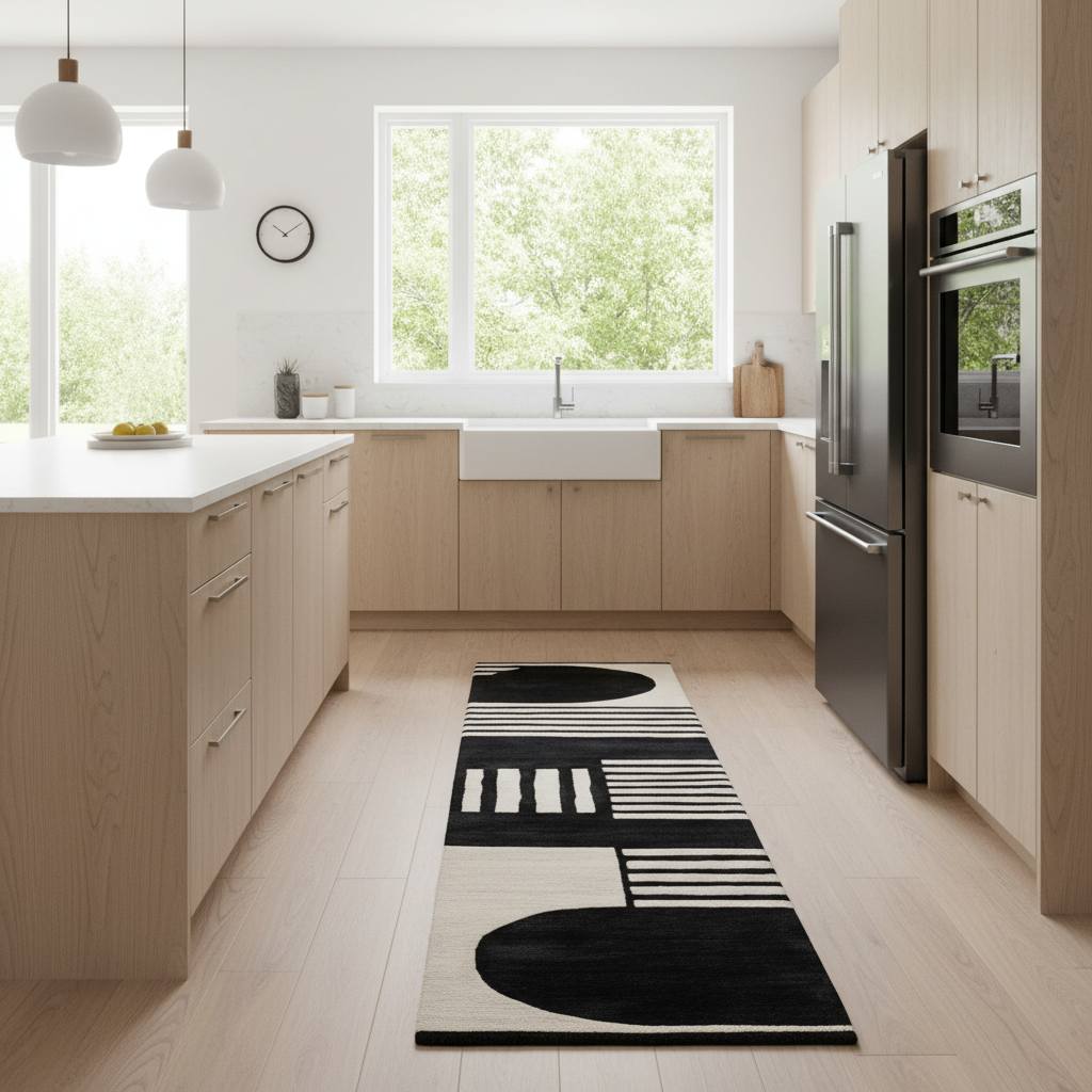 Modern kitchen with a black and white patterned rug on light wood flooring.