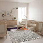 Modern nursery room with wooden cribs, a rug, and furniture.