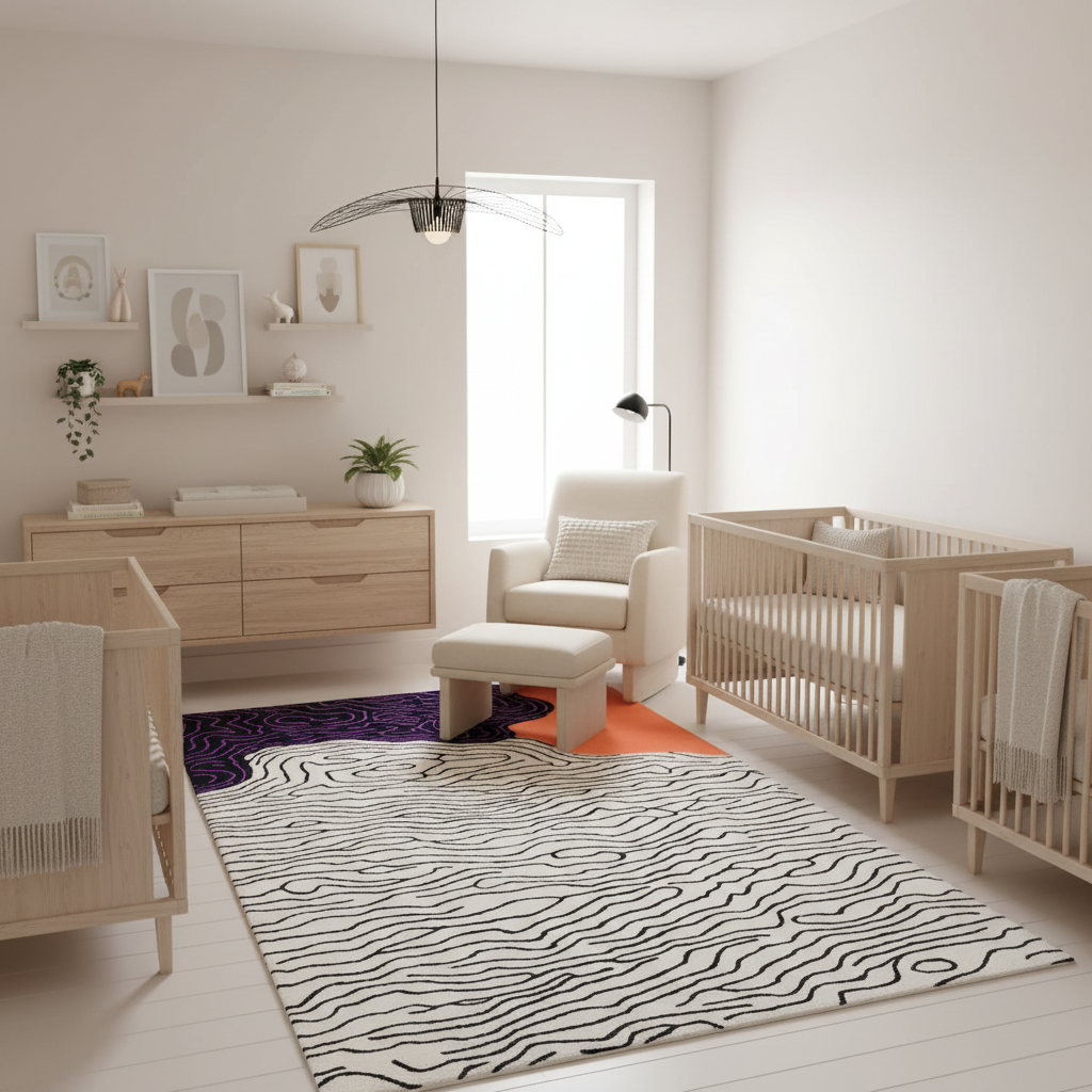 Modern nursery room with wooden cribs, a rug, and furniture.