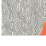 Top view of the Wave Sketch Hand Tufted Wool Rug, showcasing its abstract black line pattern on a light background, with an orange corner detail. This area rug is perfect for large living rooms, offering a contemporary touch and crafted from high-quality wool.