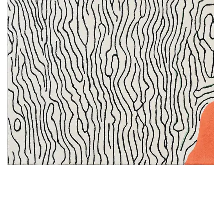 Top view of the Wave Sketch Hand Tufted Wool Rug, showcasing its abstract black line pattern on a light background, with an orange corner detail. This area rug is perfect for large living rooms, offering a contemporary touch and crafted from high-quality wool.