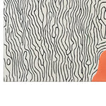 Top view of the Wave Sketch Hand Tufted Wool Rug, showcasing its abstract black line pattern on a light background, with an orange corner detail. This area rug is perfect for large living rooms, offering a contemporary touch and crafted from high-quality wool.