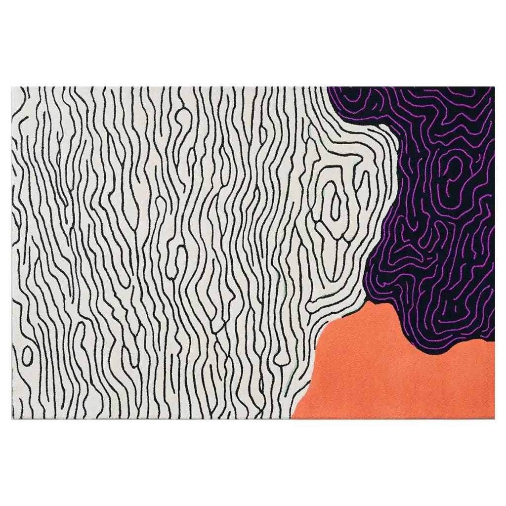 Contemporary area rug with an abstract wave design, featuring black and white wavy lines across the majority of the wool rug, contrasted by vibrant purple and orange sections, ideal for large living rooms.