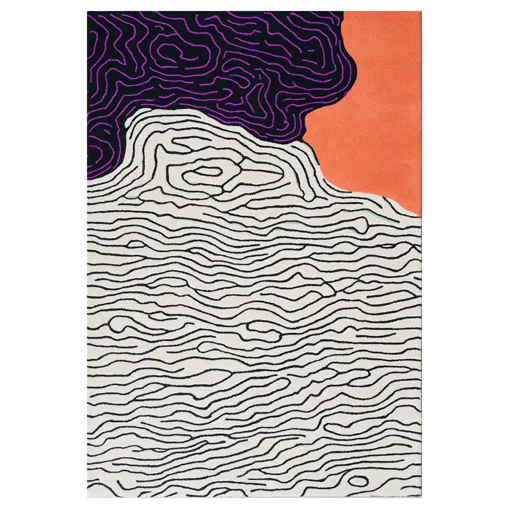 Contemporary area rug with a unique abstract design, featuring swirling black lines on a white wool background. The upper section has bold purple and orange accents, perfect for large living rooms seeking a modern touch.
