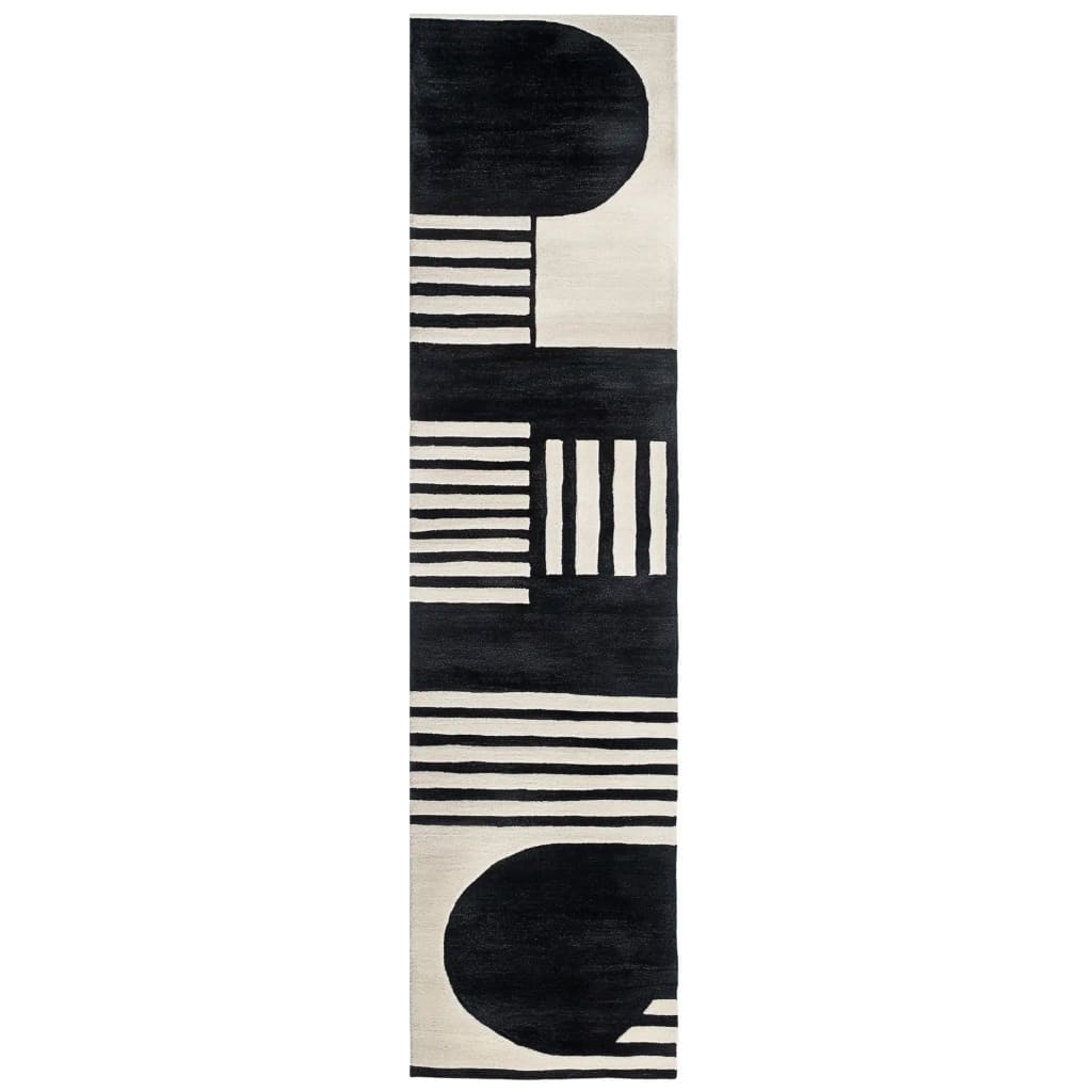 Top view of the Wave Sketch Hand Tufted Wool Rug, featuring a contemporary black and white abstract design. This runner rug is perfect for kitchens, hallways, or bathrooms, adding a modern touch to any space. Made from high-quality wool, it's a durable and stylish choice for kitchen runner rugs or hallway runner rugs.