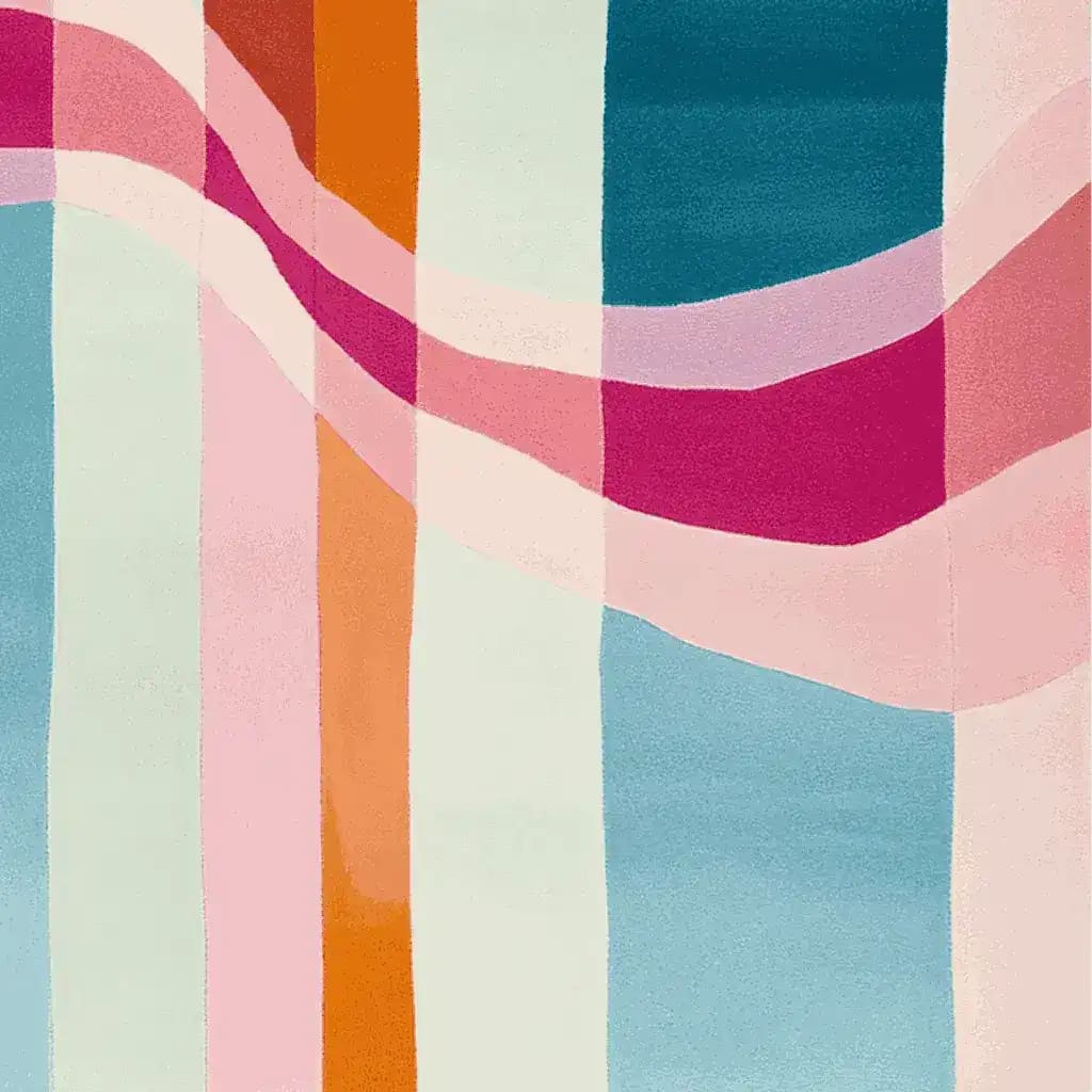 Vibrant and colorful area rug featuring a modern abstract design with bold stripes in shades of blue, pink, orange, and cream. This wool rug is perfect for adding a contemporary touch to large living room spaces.