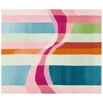 Bright and colorful area rug featuring bold, wavy stripes in pink, blue, green, and orange tones. This hand-tufted wool rug is an ideal choice for large living room spaces, offering a contemporary and vibrant aesthetic to any home decor.