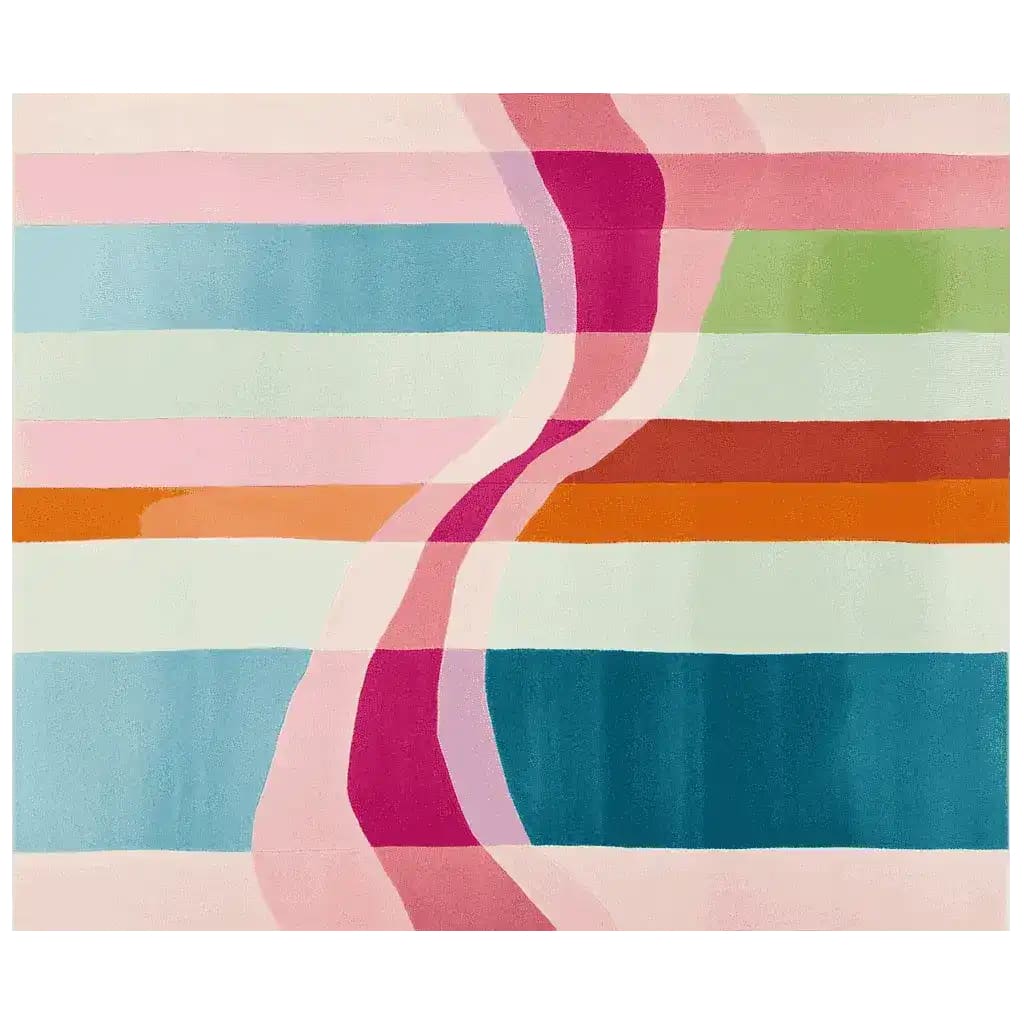 Bright and colorful area rug featuring bold, wavy stripes in pink, blue, green, and orange tones. This hand-tufted wool rug is an ideal choice for large living room spaces, offering a contemporary and vibrant aesthetic to any home decor.