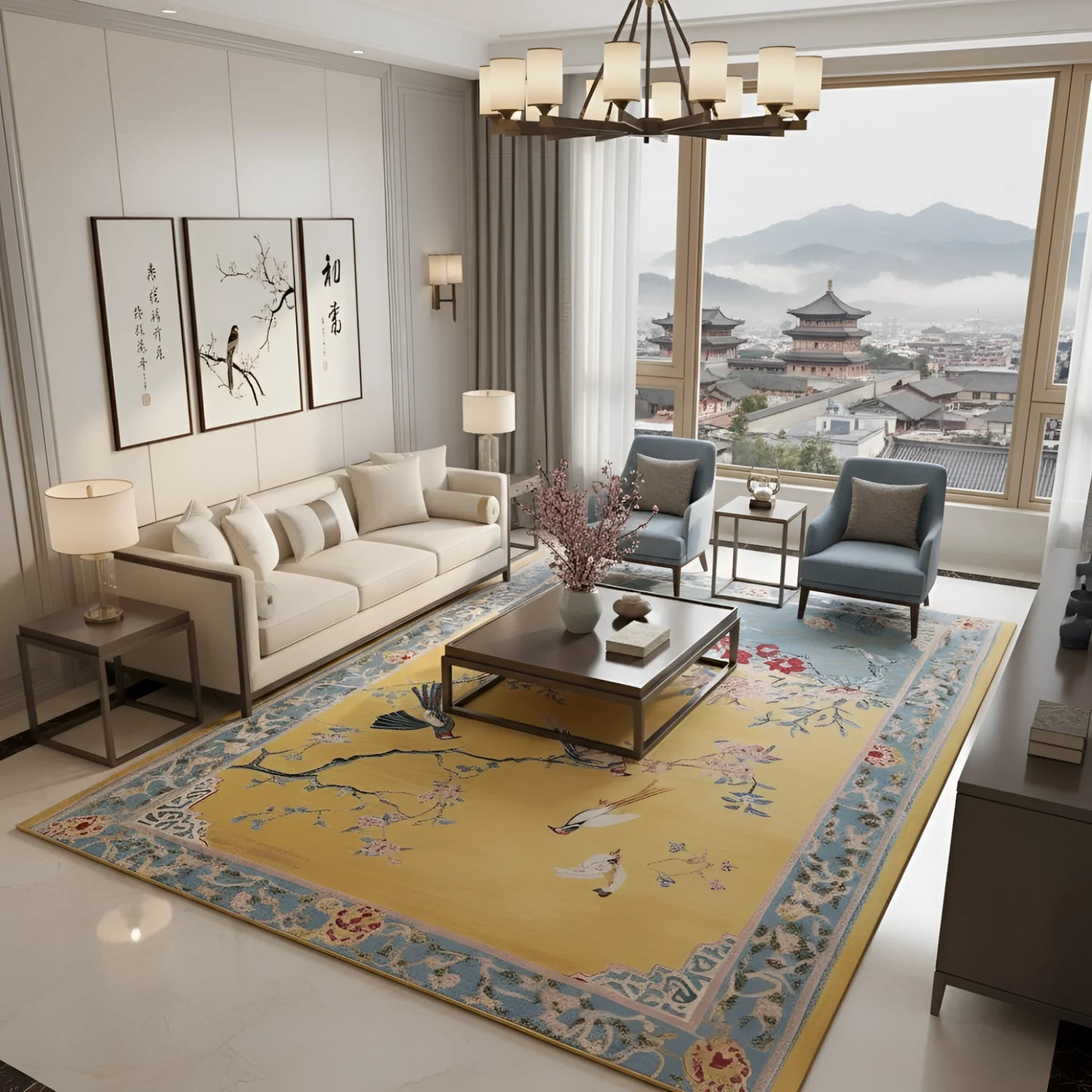 Modern living room with a large window view, beige sofa, and decorative  yellow chinoiserie waves and whispers hand tufted wool rug.