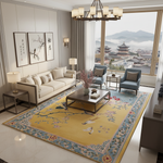 Modern living room with a large window view, beige sofa, and decorative  yellow chinoiserie waves and whispers hand tufted wool rug.