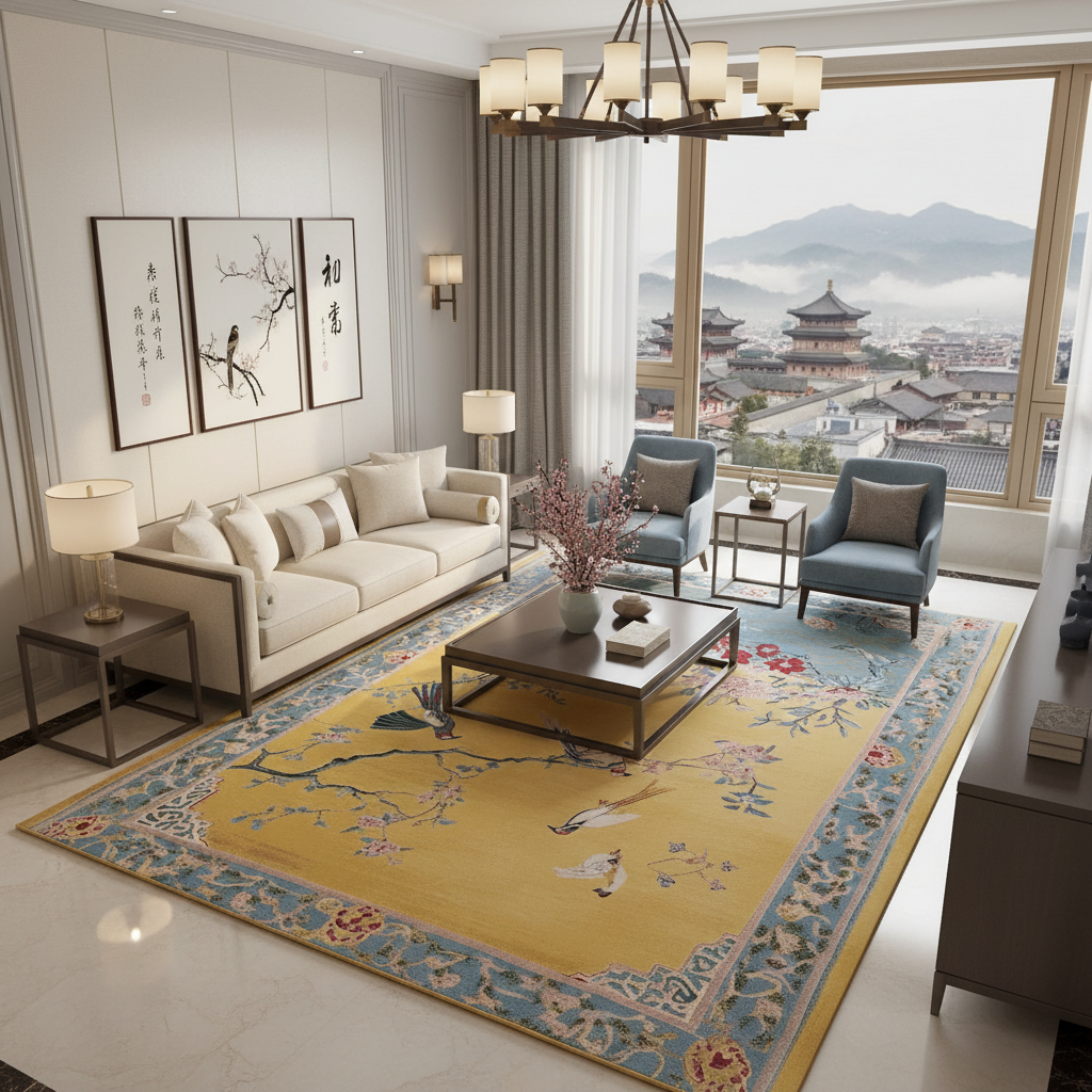 Modern living room with a large window view, beige sofa, and decorative  yellow chinoiserie waves and whispers hand tufted wool rug.