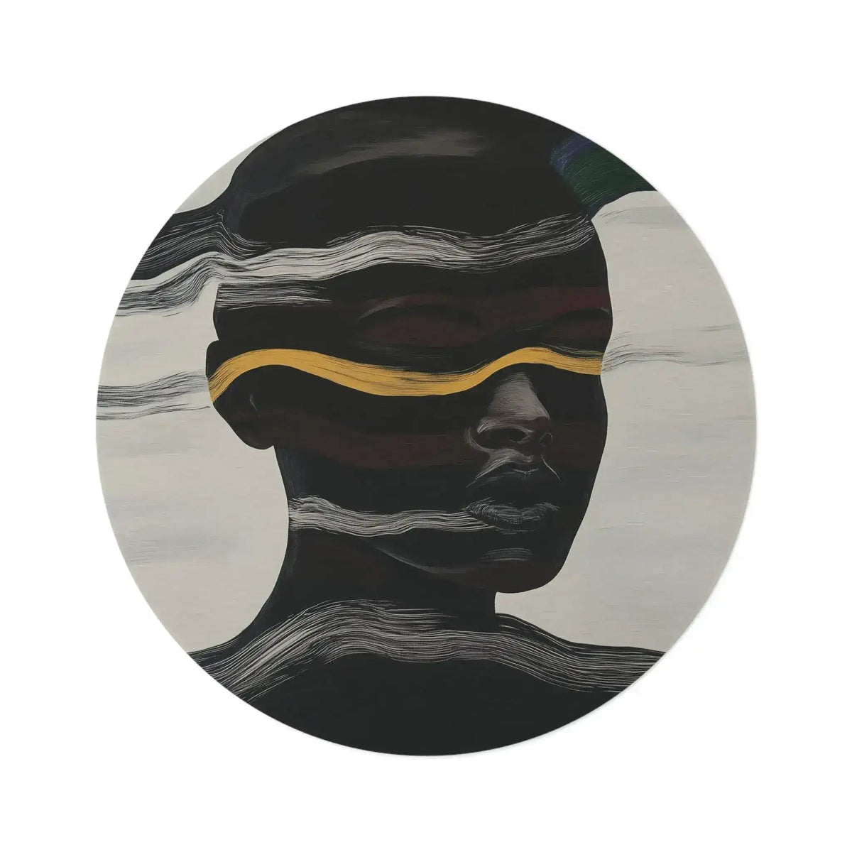 Waves of Identity Round Rug flat lay, abstract dark face split by white wave lines and a gold band on grey-cream ground