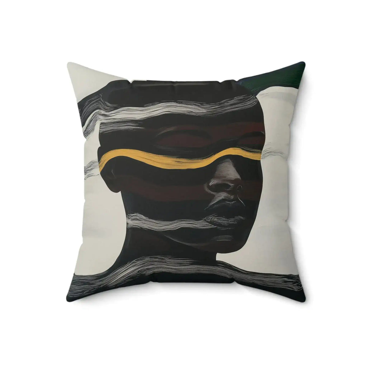 Square throw pillow featuring abstract human silhouette with layered white wave lines and gold accent stripe, dark tones, Waves of Identity Throw Pillow angled