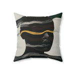 Square throw pillow featuring abstract human silhouette with layered white wave lines and gold accent stripe, dark tones, Waves of Identity Throw Pillow angled