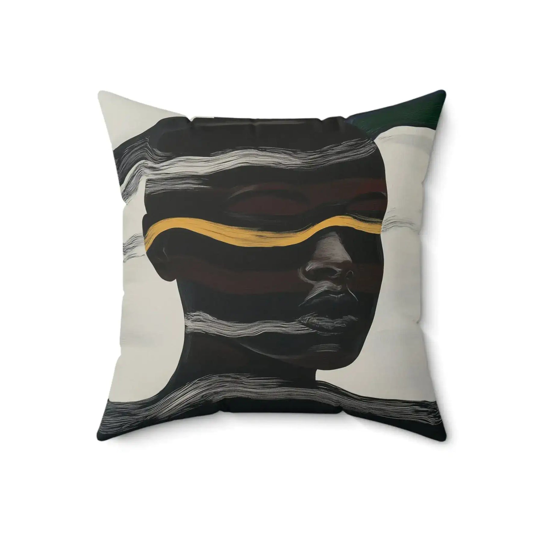Square throw pillow featuring abstract human silhouette with layered white wave lines and gold accent stripe, dark tones, Waves of Identity Throw Pillow angled