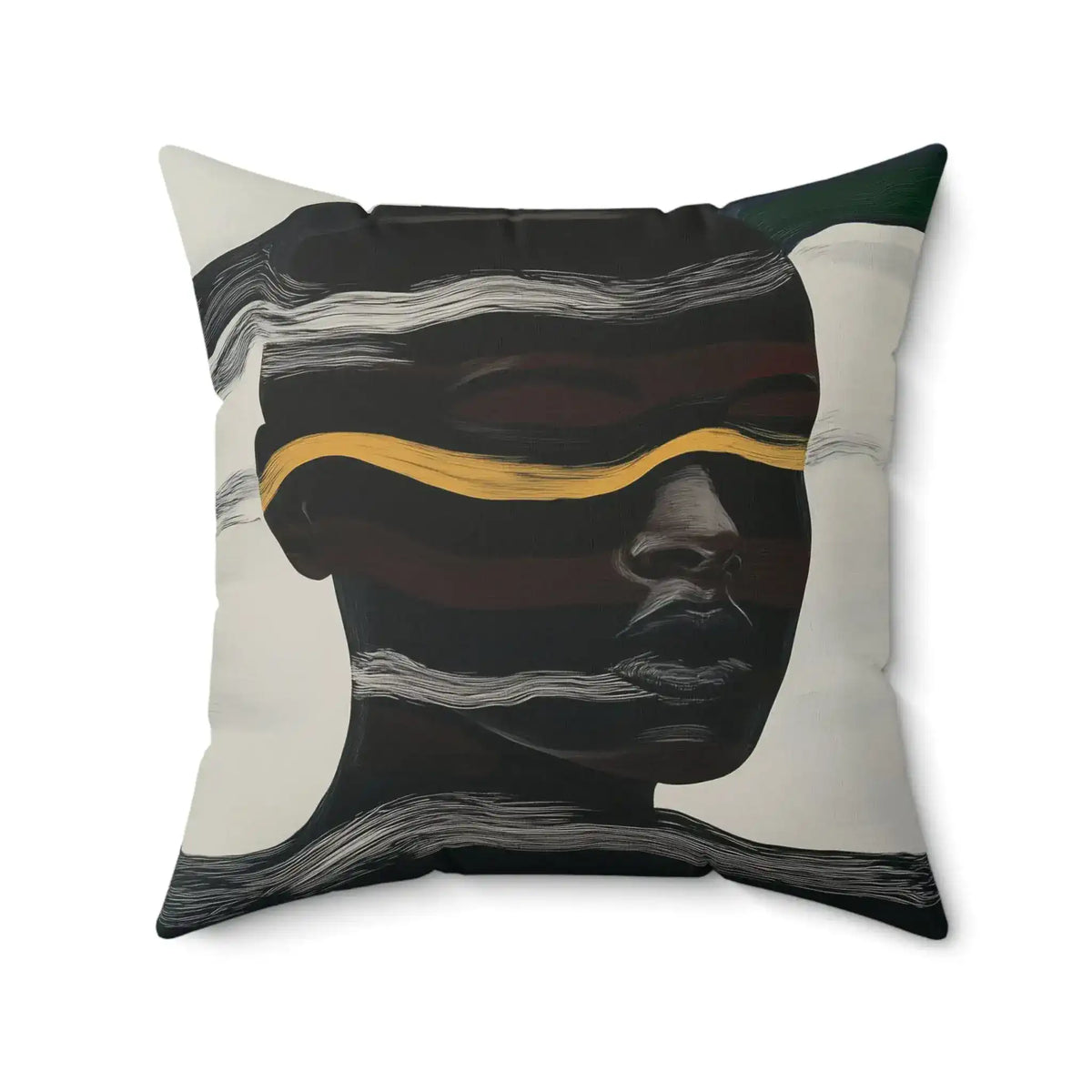 Square throw pillow with dark abstract portrait art, contoured white stripes and gold bar across face, Waves of Identity Throw Pillow detail