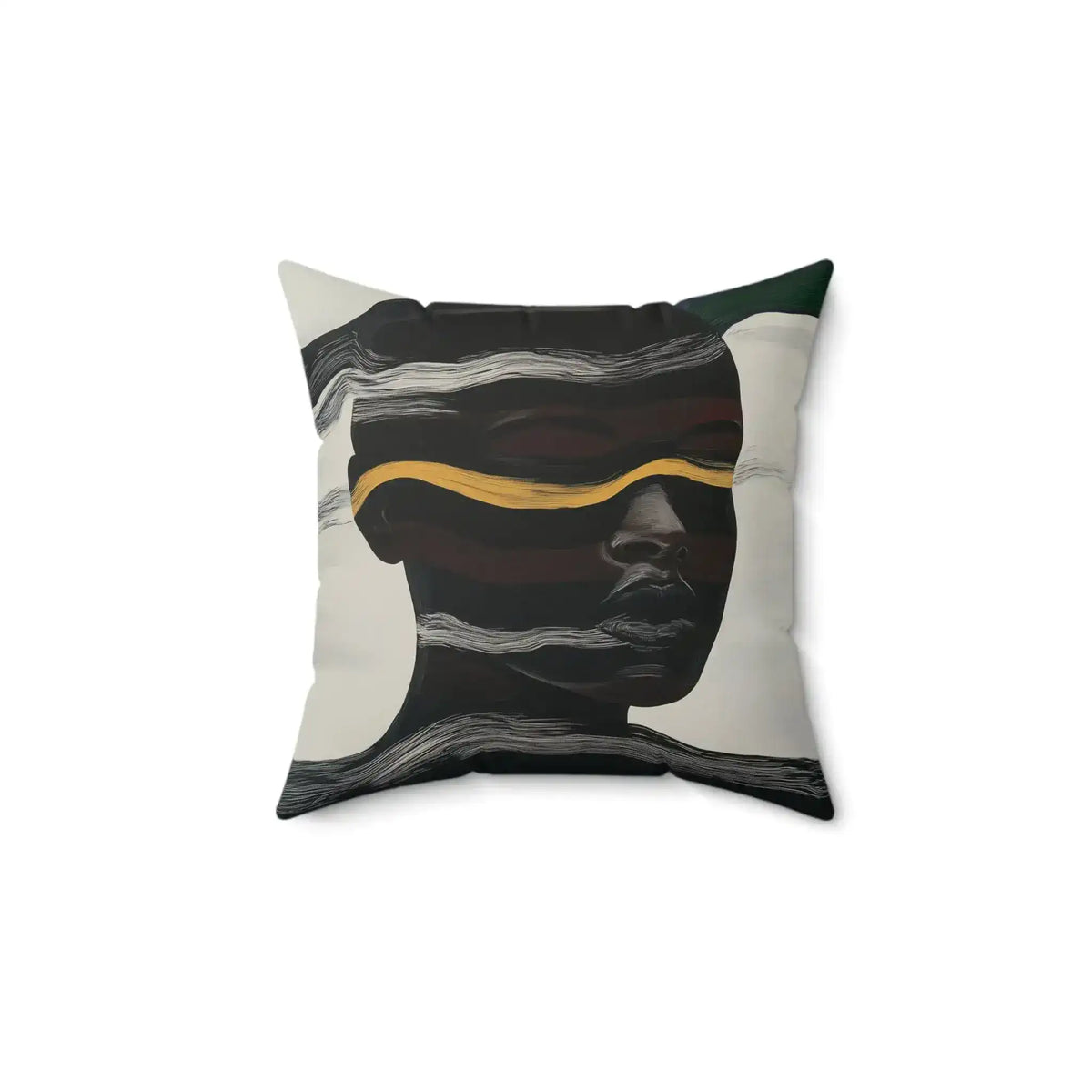 Square throw pillow with abstract dark silhouette portrait, undulating white line pattern and gold horizontal stripe, Waves of Identity Throw Pillow front-2