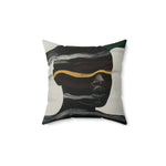 Square throw pillow with abstract dark silhouette portrait, undulating white line pattern and gold horizontal stripe, Waves of Identity Throw Pillow front-2