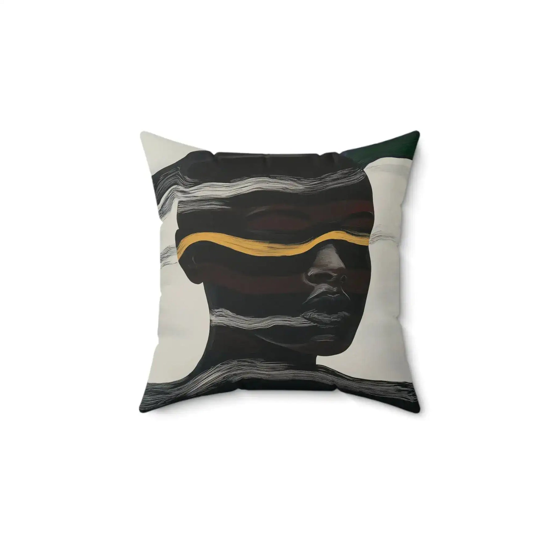 Square throw pillow with abstract dark silhouette portrait, undulating white line pattern and gold horizontal stripe, Waves of Identity Throw Pillow front-2